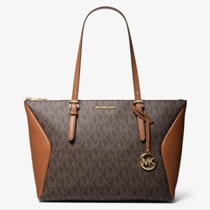 Michael Kors Coraline Tote Bag Signature Luggage Logo and Brown Leather